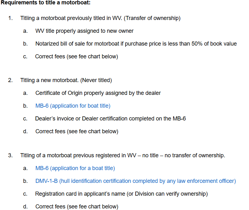 WV boat title transfer requirements