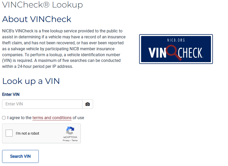 image: NICB VINCheck tool